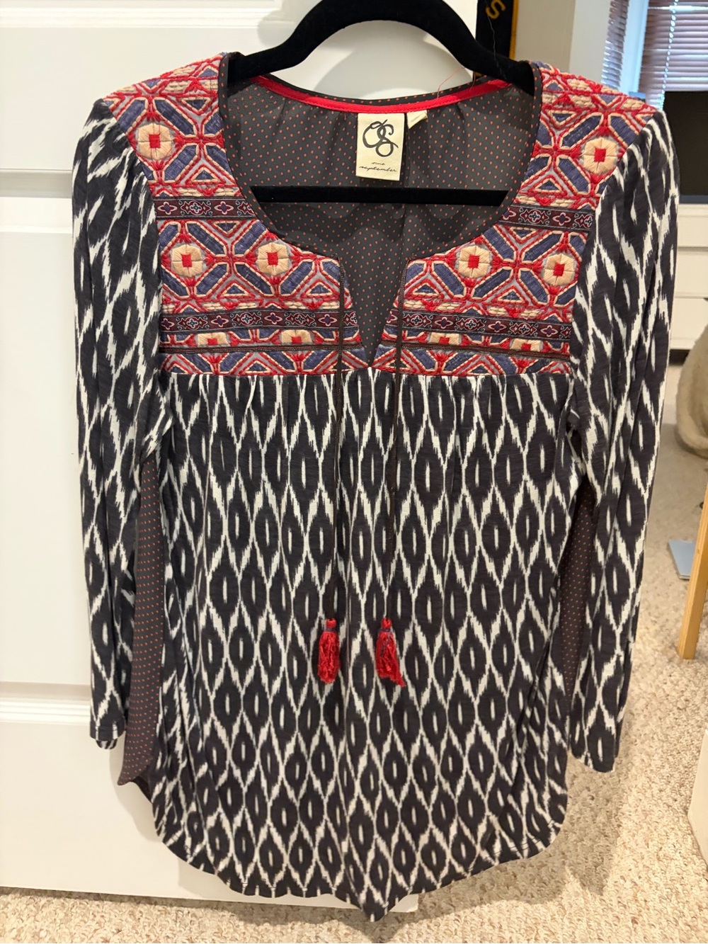 Embroidered Black & White Ikat Tunic with Red Accent Tassels